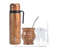 Yerba Mate - Juego de taza y termo - Calabaza mate moderna, frasco térmico, bombilla y cepillo de limpieza incluidos, acero inoxidable 304 18/8 de alta calidad (grano de madera)