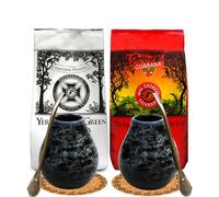 Yerba Mate Juego de té para dos personas - Mate Green Mas Energia Guaraná 200 g y Despalada 200 g - 2 tazas de cerámica azul mármol de 350 ml - 2 bombillas de acero inoxidable - Vaso mate