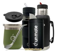 Yerba Mate Set de Viaje 7 en 1 Un Mate Travel Thermolid DualFlow PRO Forest Green - Termo 1000 ml, Matelisto 500 ml, Matero Térmico 230 ml, Bombilla, Yerbera 250 g, Cepillo, Caja Regalo (Verde)