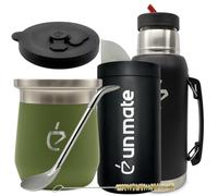 Yerba Mate Set Un Mate Thermolid DualFlow PRO Forest Green - Termo 1000 ml, Matero Térmico 230 ml, Bombilla, Yerbera 250 g, Cepillo, Caja Regalo Premium (Verde)