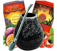 Yerba Mate Tea Cerámica Starter Set | Té mate con aroma a guaraná y mango | Yerba mate té con fruta de la pasión | taza de té de cerámica mate mármol | bombilla de pajita de acero