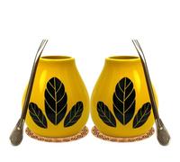 Yerba Mate-Tee Kalebasse Set für zwei ● 2x Mate tee becher HOJA 350ml ● Keramik mate tee tasse ● 2x Edelstahl trinkhalm Bombilla 19cm ● 2x Korkpad ● Ceramic mate tee cup with Straw