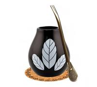 Yerba Mate-Tee Kalebasse Set ● Mate tee becher HOJA BLACK 350ml ● Keramik mate tee tasse ● Edelstahl trinkhalm Bombilla 19cm ● Yerba-Mate Tee-Strohhalm ● Mate-Trinkgefäß ● Stainless steel Straw