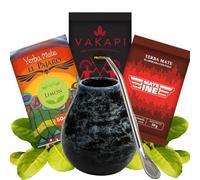 Yerba Mate-Tee Set●50g Mateine Caffeine Mate-Tee●50g El Pajaro Limon●50g Vakapi Frutos● Taza de cerámica Marmol Blue 350 ml● Pajita de acero inoxidable 19 cm● Vaso para beber mate