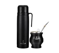 Yerba Mate Termo y Juego de tazas, incluye botella aislada al vacío con separador de té, pajita de bombilla y cepillo de limpieza, color negro