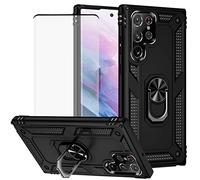 Yerebel Funda para Galaxy S22 Ultra, SM-S908U con protector de pantalla de vidrio templado, [grado militar] [anillo de metal] [soporte magnético] funda de armadura resistente para Samsung Galaxy S22 Ultra 5G (negro)