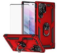 Yerebel Funda para Galaxy S22 Ultra, SM-S908U con protector de pantalla de vidrio templado, [grado militar] [anillo de metal] [soporte magnético] cubierta de armadura resistente para Samsung Galaxy S22 Ultra 5G (rojo)