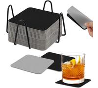 Yeria Juego de 14 posavasos de doble cara de piel sintética en negro y gris, impermeables, antideslizantes y resistentes al calor, con soporte de metal para ahorrar espacio (negro/gris - cuadrado)