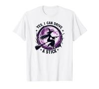 Yes, I Can Drive a Stick Witch Gothic Divertido Halloween Brujas Camiseta gráfica económica, Hombre, Blanco, S
