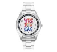 Yes You Can - Reloj de cuarzo personalizado de acero inoxidable con números arábigos para hombres y mujeres