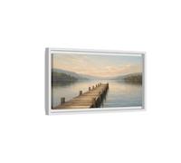 YESARTYES Landscape Nature Wooden Pier Blue And - Framed Canvas Wall Art Print 20×10 inch (50×25 cm) - Horizontal/White / 1.25 inch (3 cm)