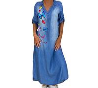 Yesgirl Denim Mujeres Casual Jeans Sueltos Vestidos Cuello En V Manga Larga Falda Plisada De Color Sólido Una Línea Denim Camisa Túnica Maxivestido Blusa F Azul A XXL