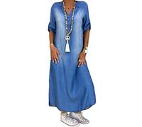 Yesgirl Denim Mujeres Casual Jeans Sueltos Vestidos Cuello En V Manga Larga Falda Plisada De Color Sólido Una Línea Denim Camisa Túnica Maxivestido Blusa B Azul 3XL