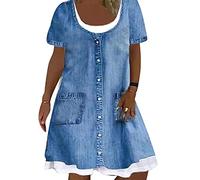 Yesgirl Denim Mujeres Casual Jeans Sueltos Vestidos Cuello En V Manga Larga Falda Plisada De Color Sólido Una Línea Denim Camisa Túnica Maxivestido Blusa E Azul XXL