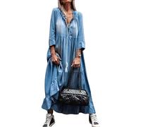 Yesgirl Vestido de mezclilla de verano para mujer de playa retro vestidos con cuello en v casual túnicas sueltas camisa larga blusa de mezclilla maxi chic vestido (L, 01 A azul claro), 01 A Azul