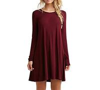 Yesgirl Vestido informal para mujer, suelto y elegante, minivestido, de un solo color, de manga larga, cuello redondo, para el tiempo libre. borgoña 48