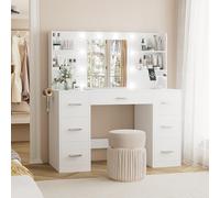 YESHOMY Escritorio de tocador con Espejo, Toma de Corriente y 10 Luces, Mesa de Maquillaje con 7 cajones, 3 Modos de Color Disponibles para Dormitorio, Blanco Puro