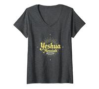 Yeshua Mesías Fe Radiante para Hombres Cristianos Inspiradores Camiseta Cuello V, Mujer, Jaspeado Oscuro, XL