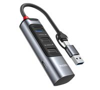 Yesido Adaptador de concentrador HB19 4 en 1 con conector 2 en 1 (USB-A y tipo C), concentrador de datos de aluminio con 1 puerto 3.0, 2 puertos 2.0 y 1 puerto USB-C para laptop, MacBook y PC