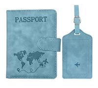 Yesimola Funda Pasaporte + Etiqueta de Maleta con Cuero de PU,Cuero de PU Porta Documentos para Mujer Hombre Accesorios de Viaje,para Guardar Pasaportes, Tarjetas de Crédito (Azul Claro)