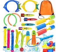 Yetech Juguete de Buceo,28pcs Juguetes de Buceo Conjunto para Niños,Incluir Anillos de Buceo,Torpedos Bandidos,Mochila con Cordón,Pistolas de Agua,Juguete Aventura Subacuática para Verano Divertido