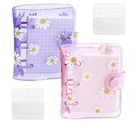 YETOOME 2 juegos de mini fundas transparentes de 3 anillas con patrón de margaritas, papel interior y bolsillos, cuaderno de PVC suave transparente con hojas sueltas con botón a presión para diario