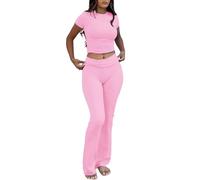 YETOWA Conjunto de 2 piezas para mujer, camiseta de manga corta ajustada, leggings acampanados, conjunto de leggings acampanados para yoga, Conjunto de manga corta rosa, XL