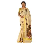 YETTALAN Sari Kerala de tejido dorado con estampado mural para mujer con blusa para correr, sari étnico tradicional del sur de la India para festivales, bodas y ocasiones especiales, Pavo real, 6.25
