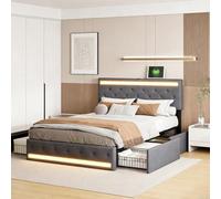Yeutre Cama 140x190 con LED y USB, Cama Matrimonial con 4 cajones y cabecero Ajustable, Camas Juvenils, Estructura Camas Doble con somier de Madera, Lino, sin colchón(Gris Oscuro Lino, 140 x 190 cm)