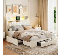 Yeutre Cama 140x190 con somier LED y USB, Cama Doble Acolchada con 3 cajones, cabecero con Almacenamiento, Camas de 2 plazas para Adultos y Adolescentes, Terciopelo (Beige 2, 140 x 190 cm)