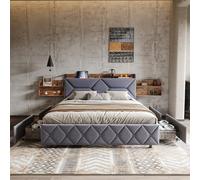 Yeutre - Cama con somier de láminas y carga USB y Typ C (160 x 200 cm, incluye cabecero de cama con almacenamiento de camas para 2 personas con 4 cajones (sin colchón) (gris, 140 x 200 cm)