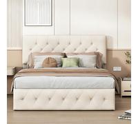 Yeutre - Cama de 160 x 200 cm, cama doble con baúl de almacenamiento hidráulico y somier de láminas, cabecera de cama ajustable en altura, marco de 2 plazas para adultos y adolescentes, terciopelo