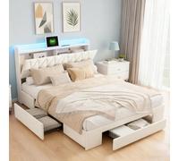 Yeutre - Cama de 160 x 200 cm con somier LED y USB, cama doble acolchada con 3 cajones, cabecera de cama con almacenamiento, camas para 2 personas para adultos y adolescentes, terciopelo (beige 2, 160