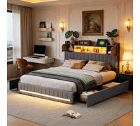 Yeutre - Cama doble acolchada de 140 x 190 con somier de iluminación LED y puerto USB, marco de camas con 4 cajones y cabecera de camas de almacenamiento, cama tapizada de dos plazas para adultos y