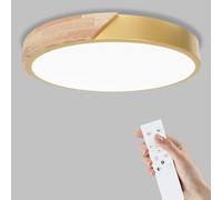 Yexati Plafón LED Redondo de Madera, 32W 6000K/4000K/3000K,3200LM, IP44 Lámpara de Techo Regulable con Mando a Distancia,Lampara LED Techo Modernos de Madera con para Baño, Cocina, Balcón, Dorado