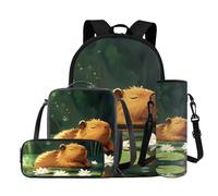 Yexignaon Mochila para niños de 6 a 7, 8 a 9, 9 a 10 años, con fiambrera, ligera, para la escuela primaria, 4 en 1, mochila casual, Capybara Water Lily
