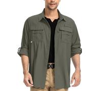 yeyity Camisa de hombre de manga larga Safari UPF50 con protección UV, transpirable, con botones, para senderismo, pesca, trekking, Verde Montaña, L