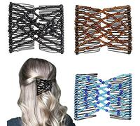 Yezhengui 3 horquillas elásticas mágicas para el cabello, tenedores elásticos de doble peine para mujeres y niñas, estilo vintage, accesorios multiusos para el cabello (estilo de cuentas, azul, marrón