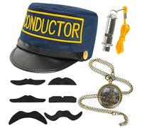Yezmo Accesorios de disfraz de conductor de tren, juego de disfraz expreso con sombrero de conductor, reloj de bolsillo, bigotes para hombres y mujeres, para fiesta de Navidad