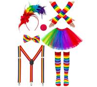 Yezmo Conjunto de 7 piezas de disfraz de payaso para mujer, plumas, diadema, guantes, calcetines, falda tutú arcoíris, espalda en Y, tirantes ajustables, pajarita y nariz