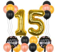 YFHVJTKO Decoraciones de cumpleaños número 15, suministros de fiesta, 22 globos dorados del número 15 de 40 pulgadas, decoración de globos de látex de mylar de 15 años, globos de fiesta 15,
