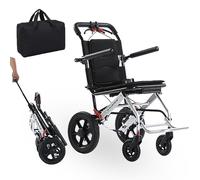 YFJBDKS Silla de ruedas de transporte ligera con mango telescópico, silla de ruedas portátil plegables para embarque en viajes con rueda de 12 pulgadas,Negro,Silver frame