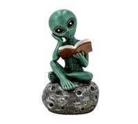 Yfjyxen Funny Resin Alien Sculptures, Space Alien Statue Figures Sitting on Moon Crater Base, Desktop Ornament for Coffee Bar Bedroom Study Office Home Decor UFO Enthusiast Science Lover(Reading)