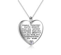 YFN Collar con colgante de corazón de plata de ley con texto en inglés "Always Remember You are Braver Than You Believe", Plata esterlina, Circonia cúbica