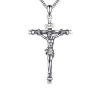 YFN Collar de crucifijo de plata de ley 925 para hombres y mujeres, colgante católico de cruz de Jesús con cadena de 56 + 5 cm, regalo religioso cristiano para bautizo, comunión y confirmación