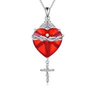 YFN Collar de cruz de plata para mujer, colgante de cruz de corazón sagrado rojo, joyería religiosa, bautizo cristiano, primera comunión, regalos para madre, mamá, esposa