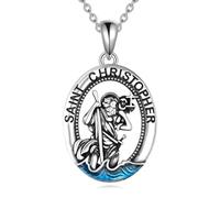 YFN Collar de San Cristóbal de plata de ley con colgante de San Cristóbal y amuleto para mujeres y hombres, regalo de San Cristóbal azul, Normal, Plata esterlina, No es una piedra preciosa