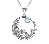 YFN Collar de sirena para mujer, plata de ley 925 con colgante de sirenita, regalo para niñas, amigas, hijas, hermanas, Plata esterlina, Piedra lunar creada
