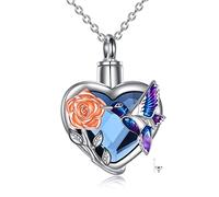YFN Collar de urna de colibrí para cenizas de plata de ley con corazón de cristal, joyería de cremación de recuerdo, joyería para mujeres 18+2, Plata esterlina, Cristales