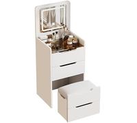YFSMBD Tocador 3 en 1 con Espejo Abatible y LED, Brillo Ajustable, Taburete de Almacenaje, Mesa de Maquillaje con Tapa de Cristal Visible, 3 Cajones, Tocador de Maquillaje para Dormitorio, Blanco,48cm